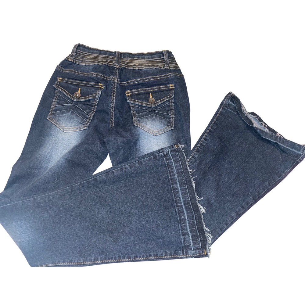 True Luck Dark Wash High Rise Flare Jeans Raw Hem Size 5/6 Stretch Denim